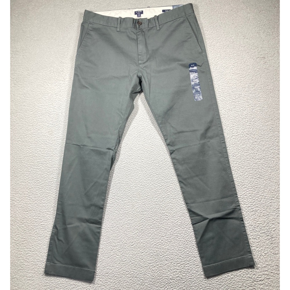 J.Crew Chino Pants Mens 35x32 Green Flex Slim Fit Flat Front Cotton Stretch NEW